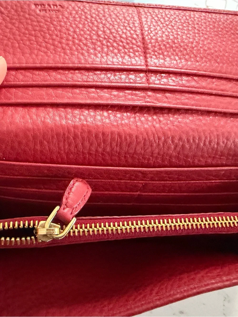 Prada Red Pebbled Leather Long Wallet with Gold Logo
